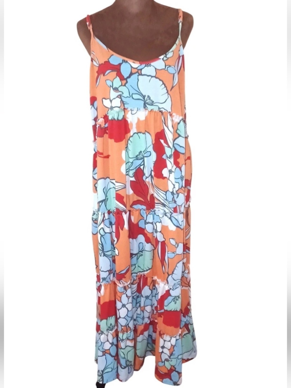 Emma & Michele Orange Floral Maxi Dress with Blue and Red Blooms